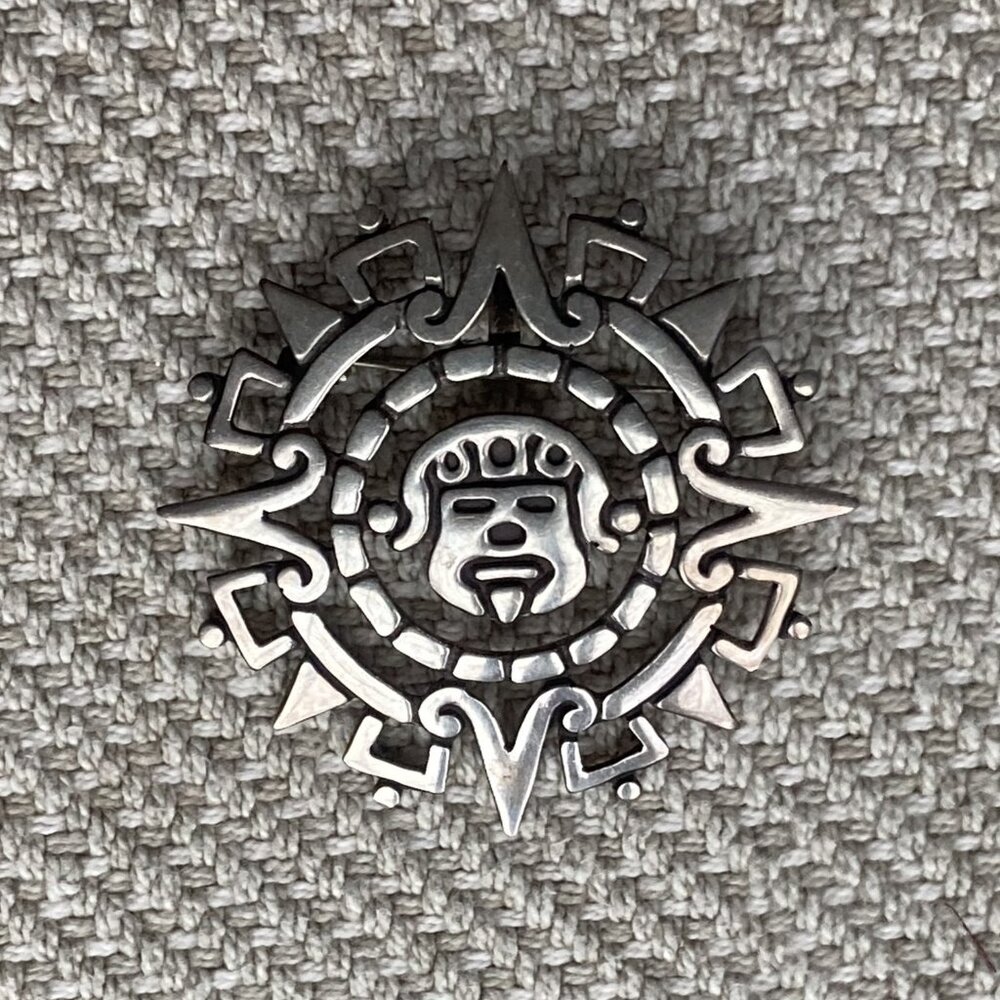 Taxco Mexico Sterling Aztec Sun God Brooch / Pendant, 10.2g, Alberto Diaz Ocampo - Picture 4 of 11